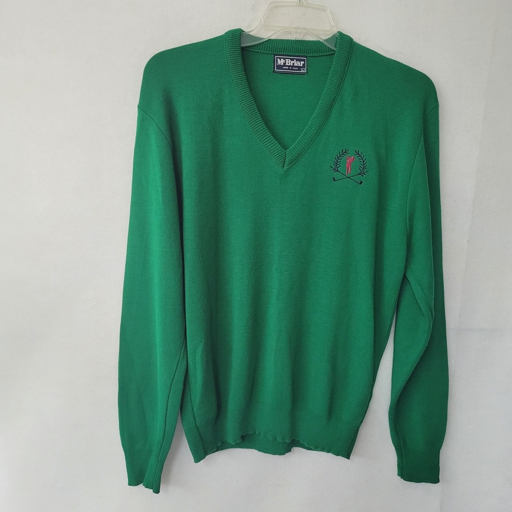 McBriar Golf Sweater Mens Large Green V Neck Embroidered Golf Player Acrylic‎